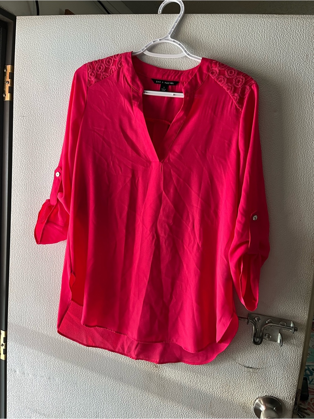 Zac & Rachel Hot Pink Lace-Shoulder V-Neck Tunic Blouse